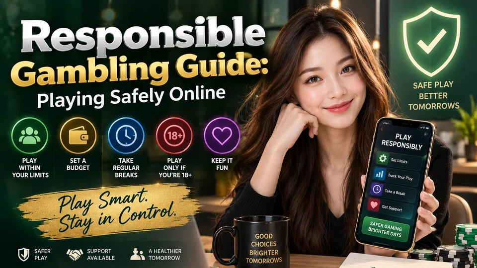 Responsible Gambling Guide promotional artwork featuring safe play tips and a play-responsibly app screen