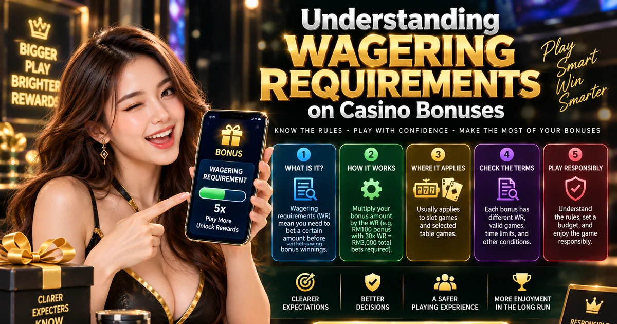 Understanding Wagering Requirements promotional artwork featuring a bonus wagering progress screen and a 5-step guide