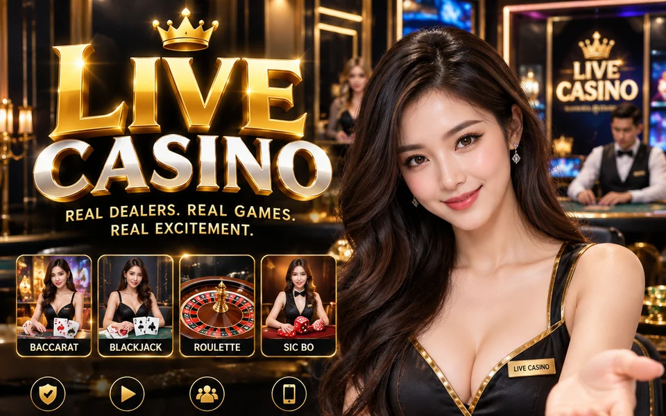 XE888 Live Casino promotional artwork featuring a live dealer and baccarat, blackjack, roulette and sic bo tables